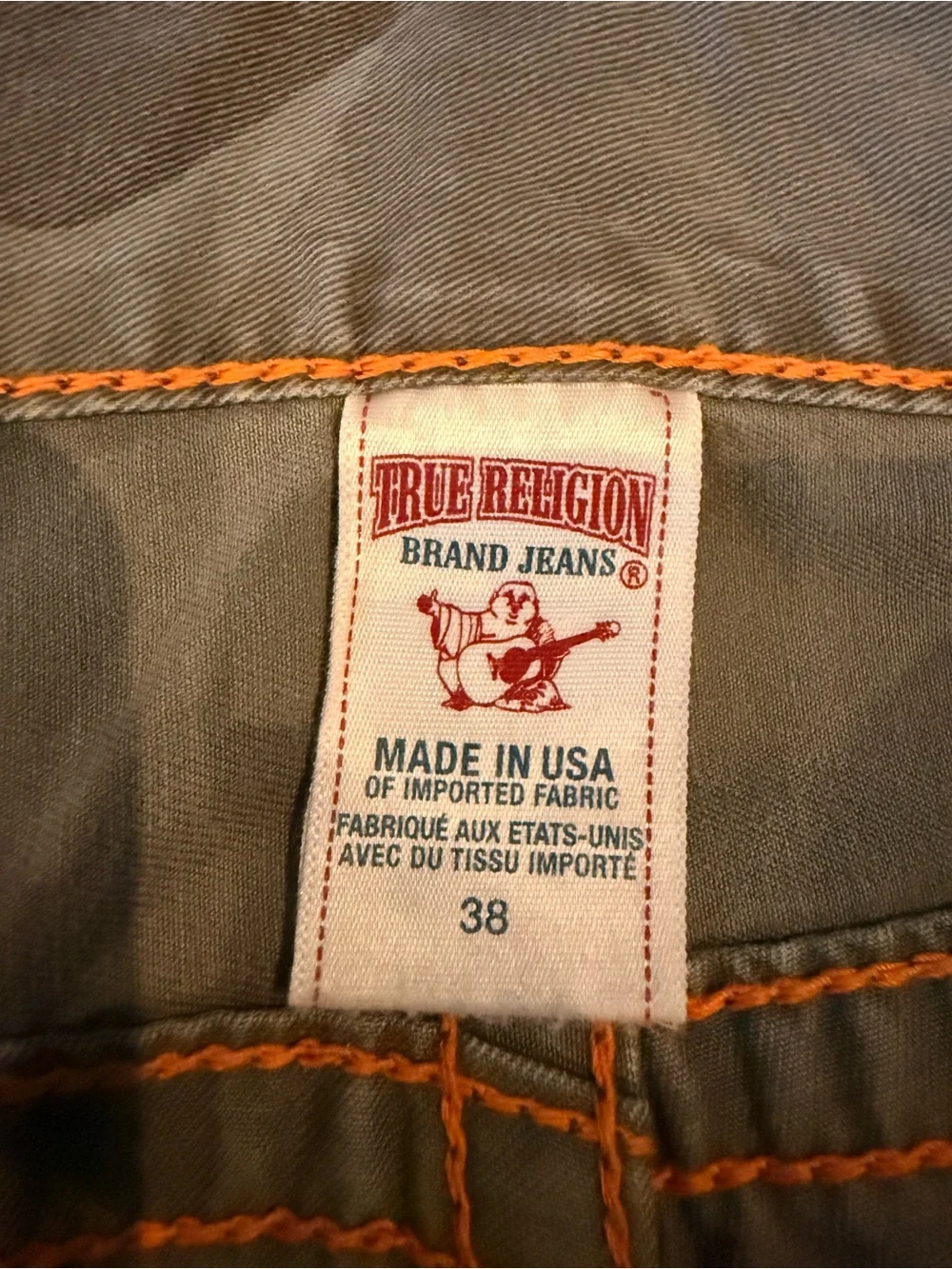 True Religion Jeans Tag Detail in Olive with Orange Stitching